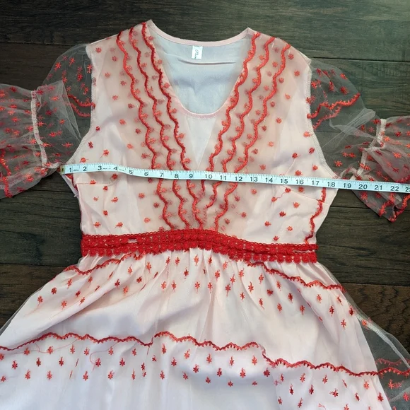 NWOT Pink and Red Lace Dress w Bell Sleeves Sweet & Unique - Picture 5 of 7